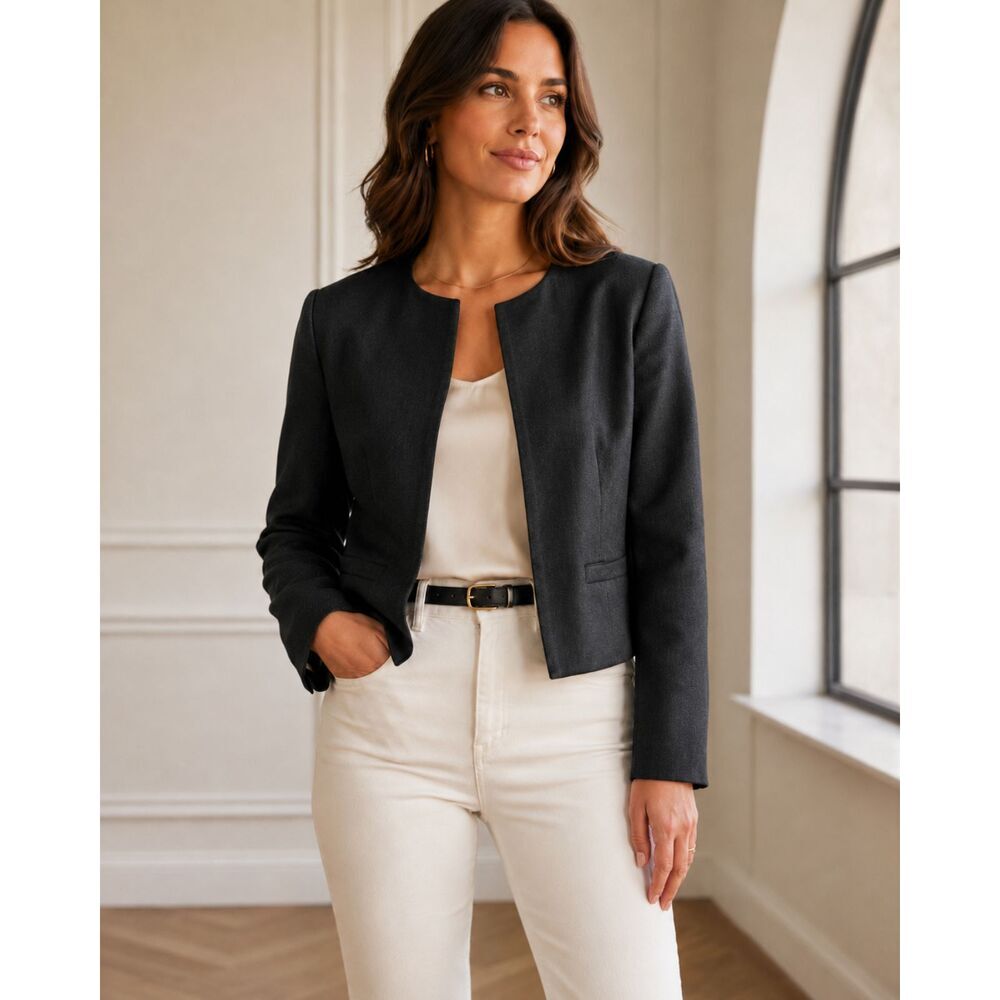 LL Bean Vintage Linen Cropped Jacket Blazer Black Sz 4 Preppy Classic